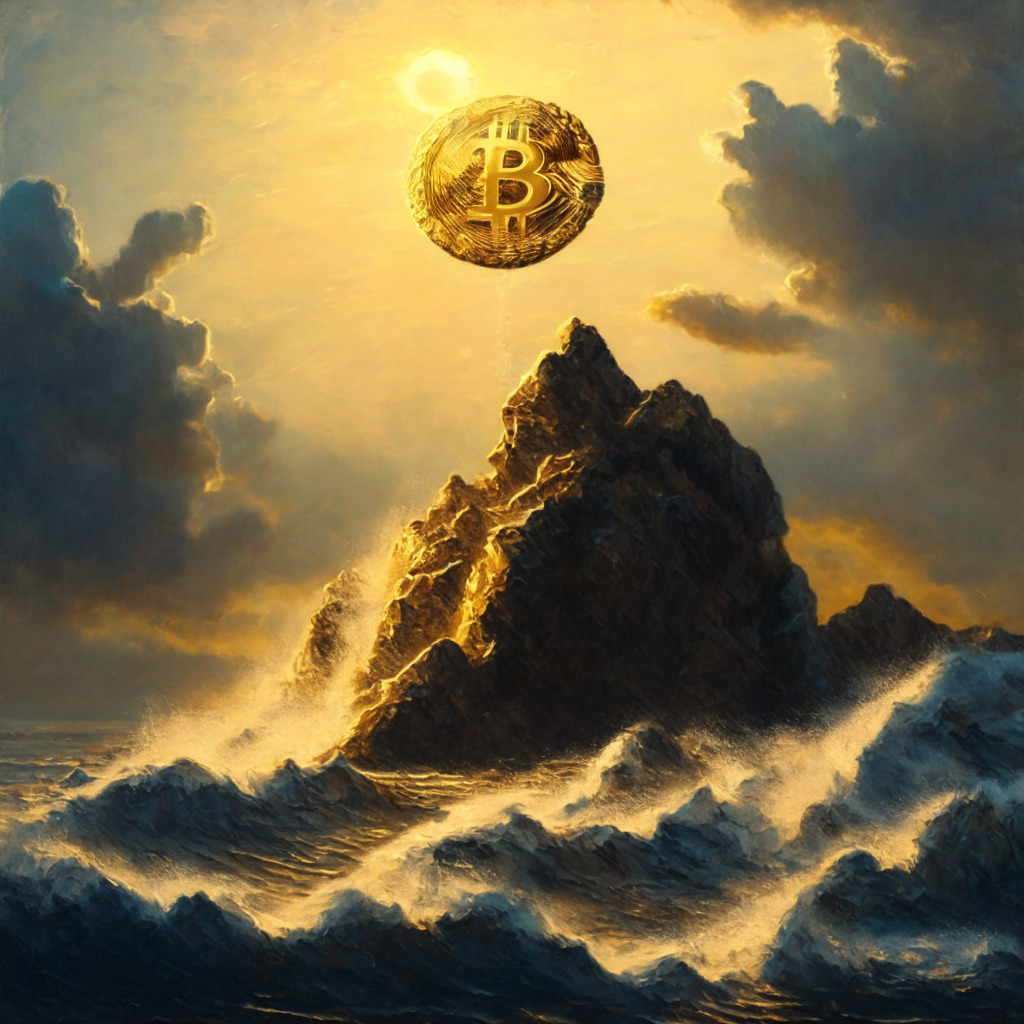 Golden Bitcoin triumphs atop mountain, altcoins sinking in turbulent sea, vintage oil painting style, soft sunset light, drama and contrast, moody atmosphere, symbolic representation of long-term investment success, dollar-cost averaging strategy.