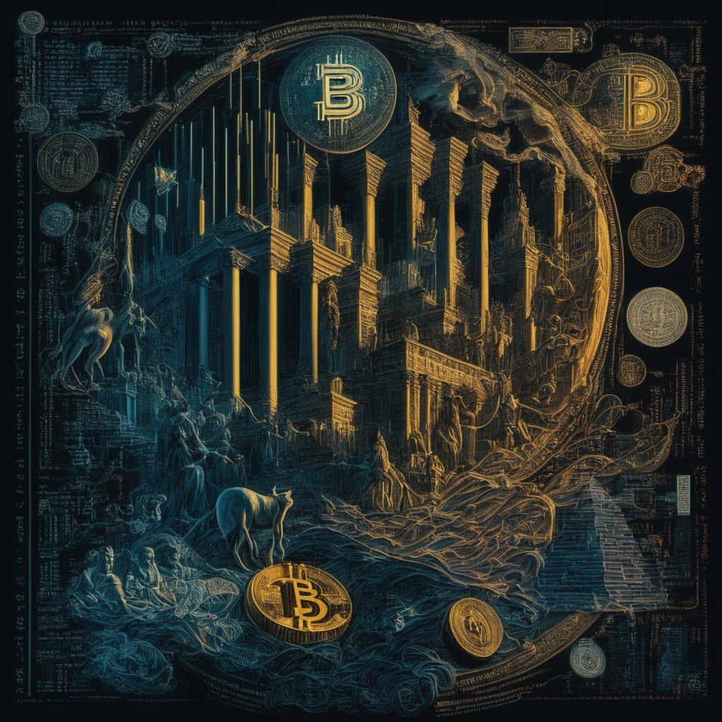 Intricate financial landscape, gleaming Bitcoin, subdued S&P 500 and Nasdaq, twilight hues, baroque art style, analytical graphs, contemplative mood, touch of optimism, air of caution, subtle divide between traditional markets and cryptocurrencies, blending worlds, hint of volatility.