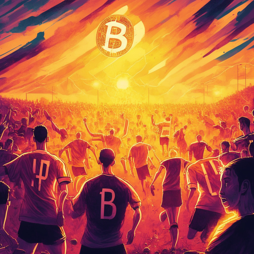 Sunset-lit soccer field, vibrant colors, artistic contrast, energetic players in action, Bitcoin logo subtly woven on jerseys, a blend of supporters including curious onlookers, divided opinions expressed on faces, Bitcoin meet-up banner in the background, mood of cautious optimism, curiosity, and unity in sports.