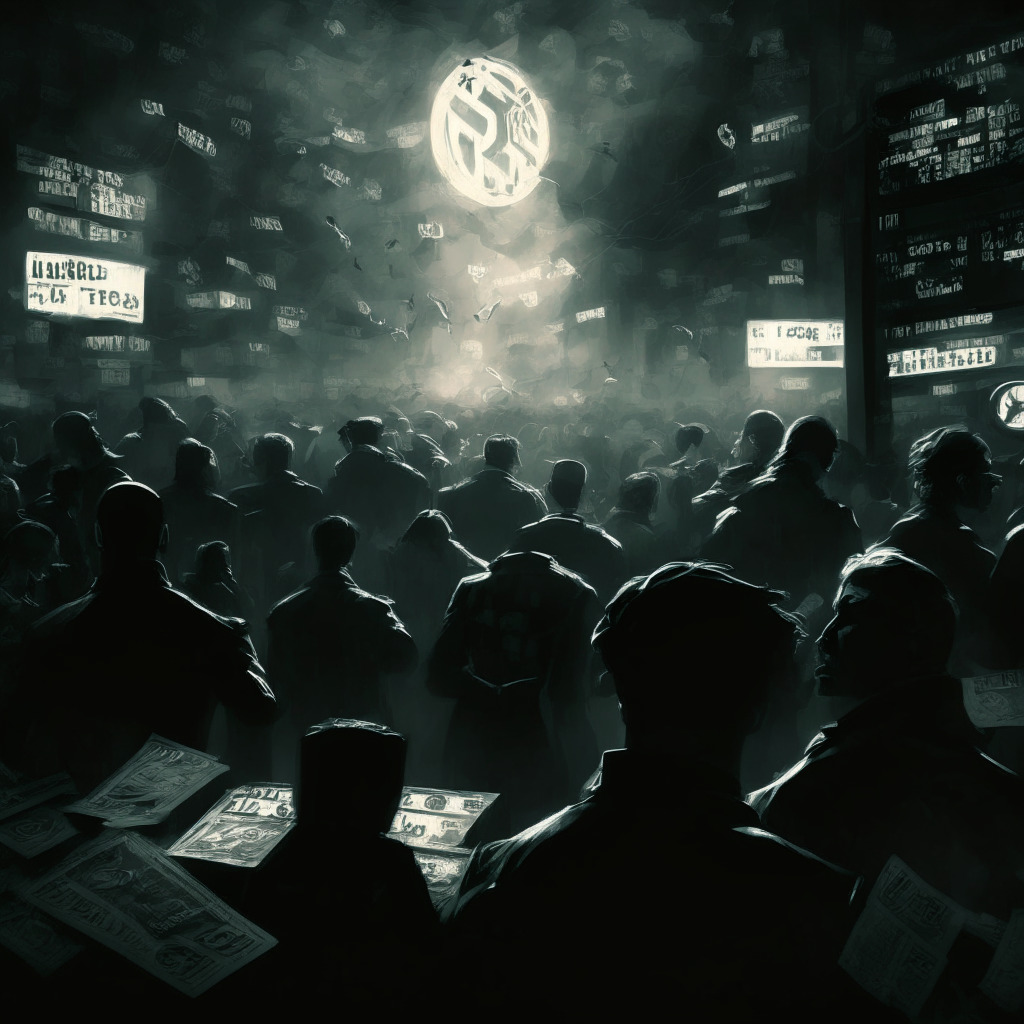Crypto exchange chaos, artistic noir style, dimly lit environment, panicked traders in grayscale, fading USD symbols, prevailing uncertainty, dominant crypto symbols rising above the chaos, reminder of exchange stability importance, mood of cautious optimism.