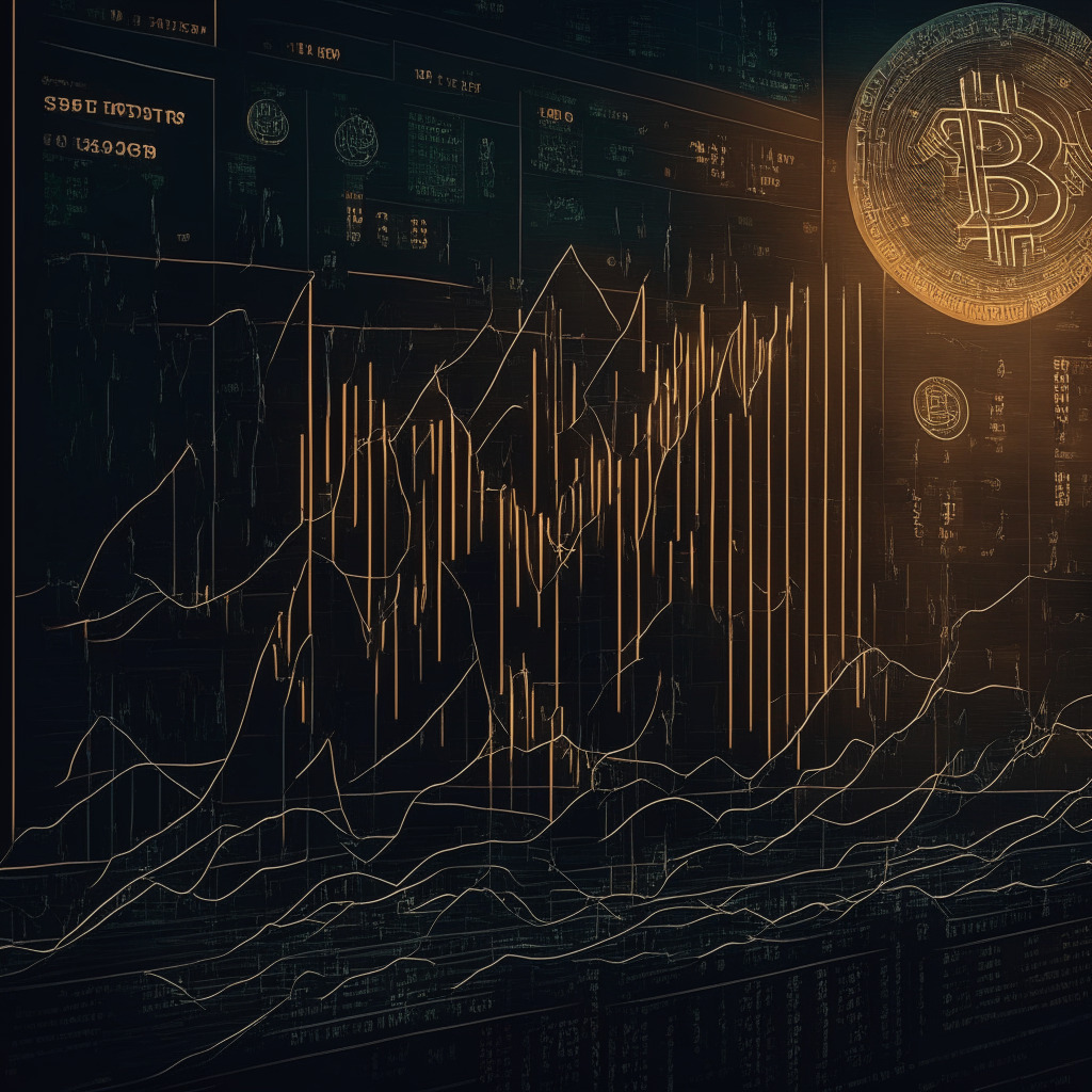 Intricate crypto market scene, artistic charts & trend lines, somber mood, Bitcoin price hovering below $27,000, delicate balance, key support lines, uncertain future, dimly lit setting, US Federal Reserve decision anticipation, reflection of trading volatility, no logos or brands.