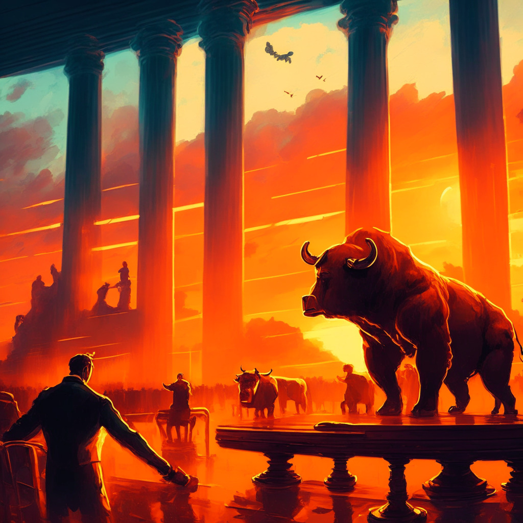 Sunset-lit crypto exchange, Bitcoin trading at discount, anxious users, withdrawal result in lowered BTC price, battle between bears and bulls, future trajectory on a balance, courtroom in the background, uncertain mood, impressionist artistic style