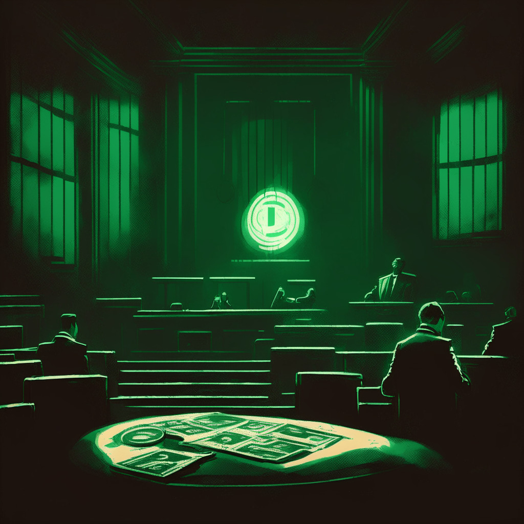 Mysterious courtroom, dimly lit, with judge & attorneys, Bitcoin symbol in background, tense atmosphere, subtle chain motifs, shadows representing uncertainty, cool color palette to evoke negative market sentiment, hints of green light suggesting hope, digital currency in subtle artistic strokes.