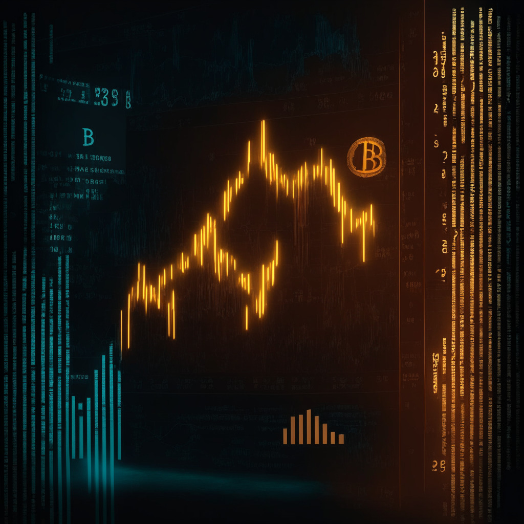 Crypto market scene with Bitcoin value fluctuating, artistic bar chart, US CPI data, Federal Reserve, dim-lit room hinting caution, elements of uncertainty and anticipation, emotionally-charged traders, warm subtle glow surrounding potential rebound optimism, dynamic market backdrop with a touch of skepticism.