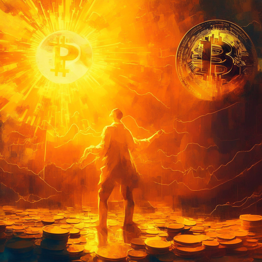 Crypto market surge, ETF applications, institutional involvement, warm golden light, impressionist style, hopeful mood, Bitcoin at $29,000, altcoin resurgence, financial landscape transformation, delicate balance between decentralization and regulation.