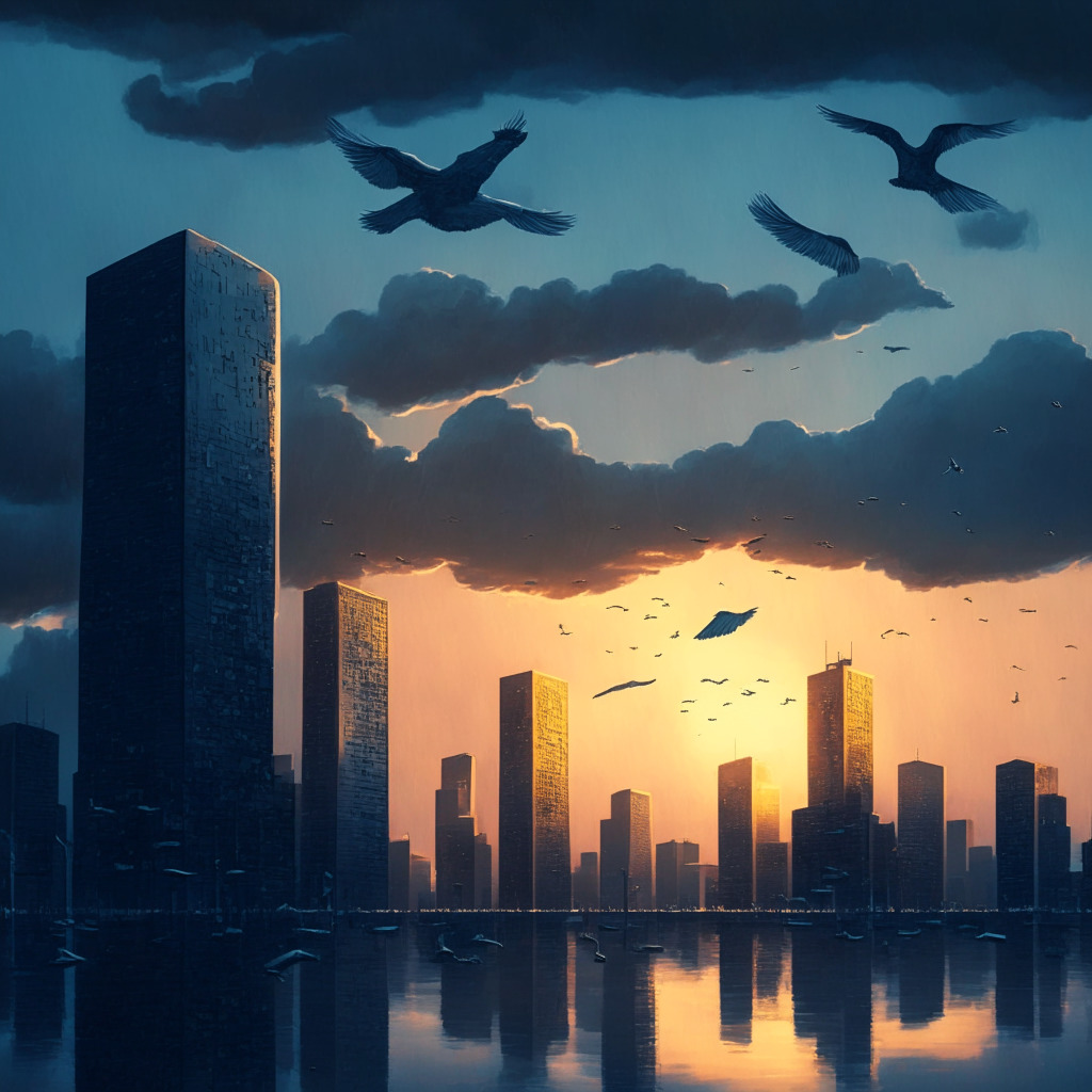 Serene cityscape at dusk, futuristic skyline with Bitcoin icon, central bank buildings silhouettes, inflation soaring as birds, stormy clouds representing economic recession, soft chiaroscuro lighting, tint of optimism in the sky, mood oscillating between fear and greed, artful blend of realism and impressionism.