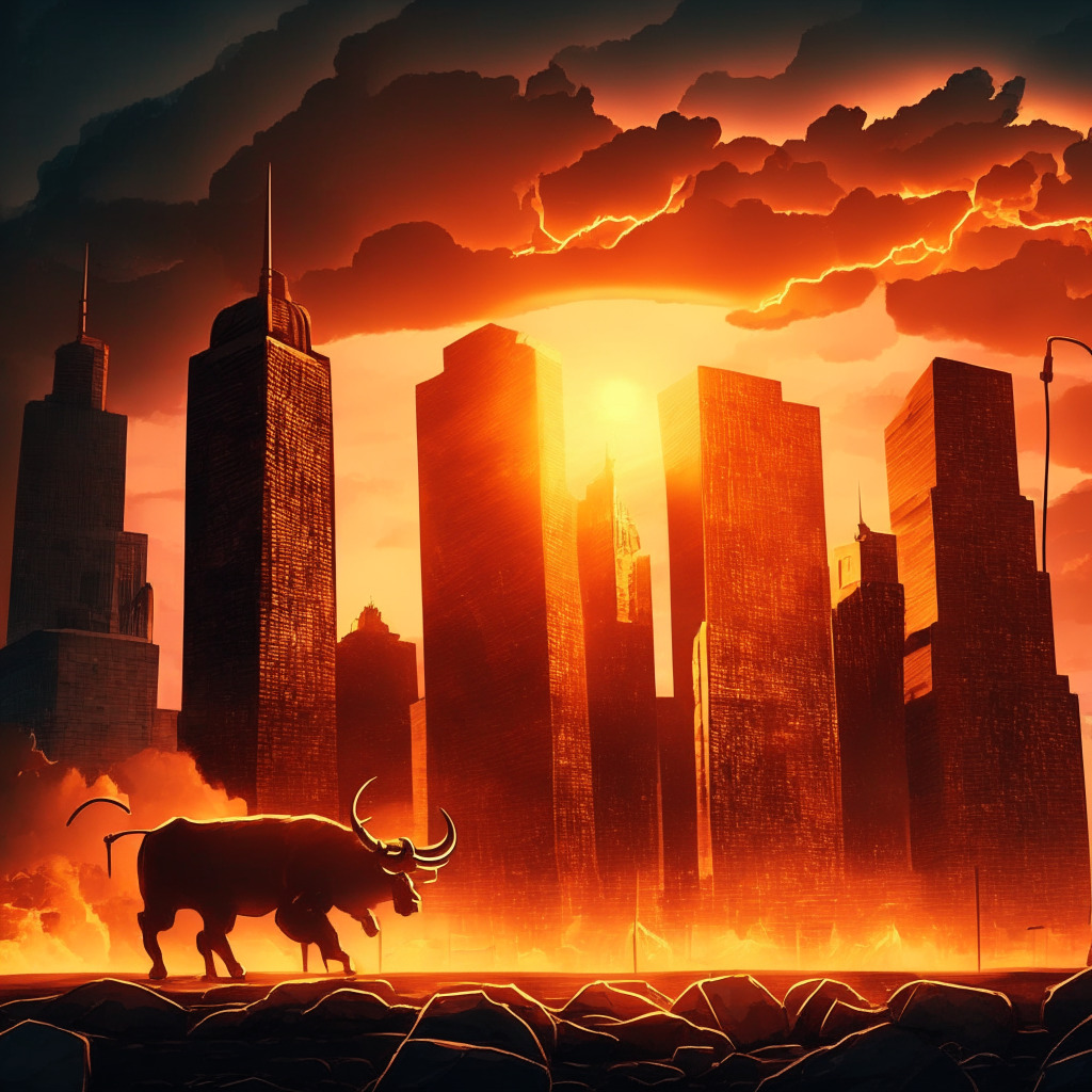 Dramatic sunset over city skyline, Bitcoin & Ethereum coins soaring, SEC building shadowed in background, neutral expression scales, bulls & bears fighting, resistence & support levels as tightropes. Mood: resilience, anticipation; Style: dynamic & detailed; Lighting: warm contrasting.