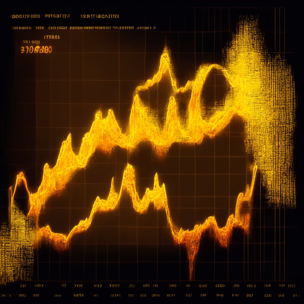 Rising Bitcoin graph, surprise on traders' faces, $31,000 price level, euphoric yet cautious ambiance, warm & golden light, impressionist style, liquidation orders, FOMO-inspired, dynamic movements, contrasting colors for short-term volatility and long-term stability, glowing market optimism vs. potential risks.