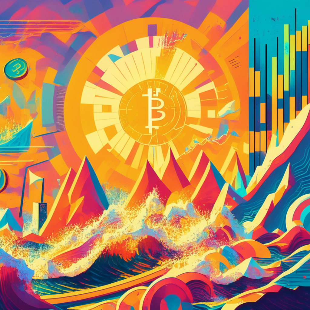 Scene of rising Bitcoin and Ether values, vibrant color palette, sunlit setting, cubist art style, sense of momentum, roller coaster-like graphs, cautious mood, figures analyzing charts, background of cresting waves symbolizing emotional market fluctuations.