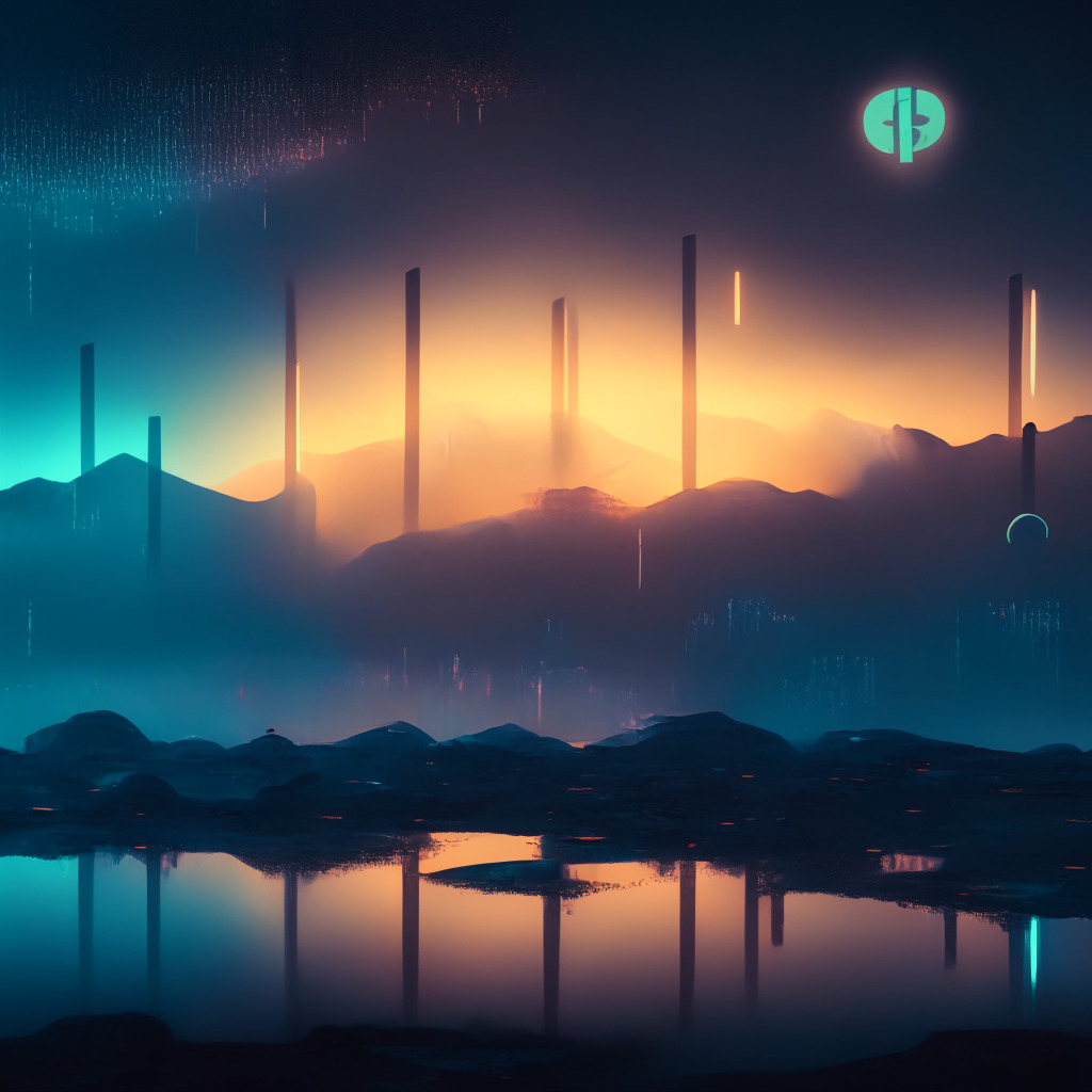 A futuristic cryptocurrency trading landscape at twilight, the sky in tones of ether and bitcoin, reflecting the emergence of Ether/Bitcoin Ratio Futures. Spotlight on a symbolic scales in the foreground, tilted slightly towards Ether, hinting at unsure market dynamics. The overall mood is dramatic and filled with muted anticipation, infused with warm and cool colors under a hazy atmospheric light, capturing the edge of innovation and ensuing volatility.