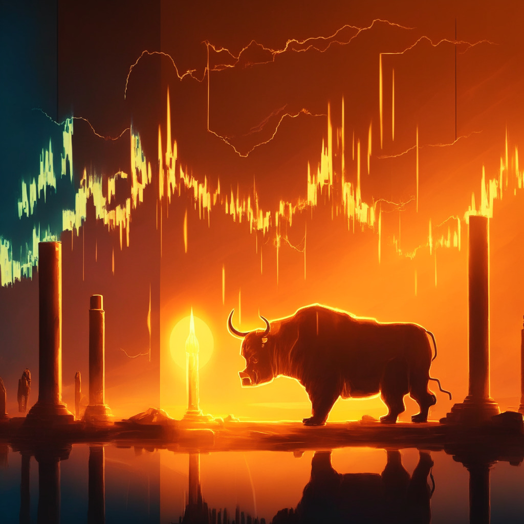 Sunset-lit crypto market scene, bull and bear locked in struggle, Bitcoin coin suspended mid-air, neutral background shades, delicate falling wedge pattern, long-wick rejection candles, juxtaposed RSI and EMA indicators, sense of anticipation, potential for reversal or recovery.