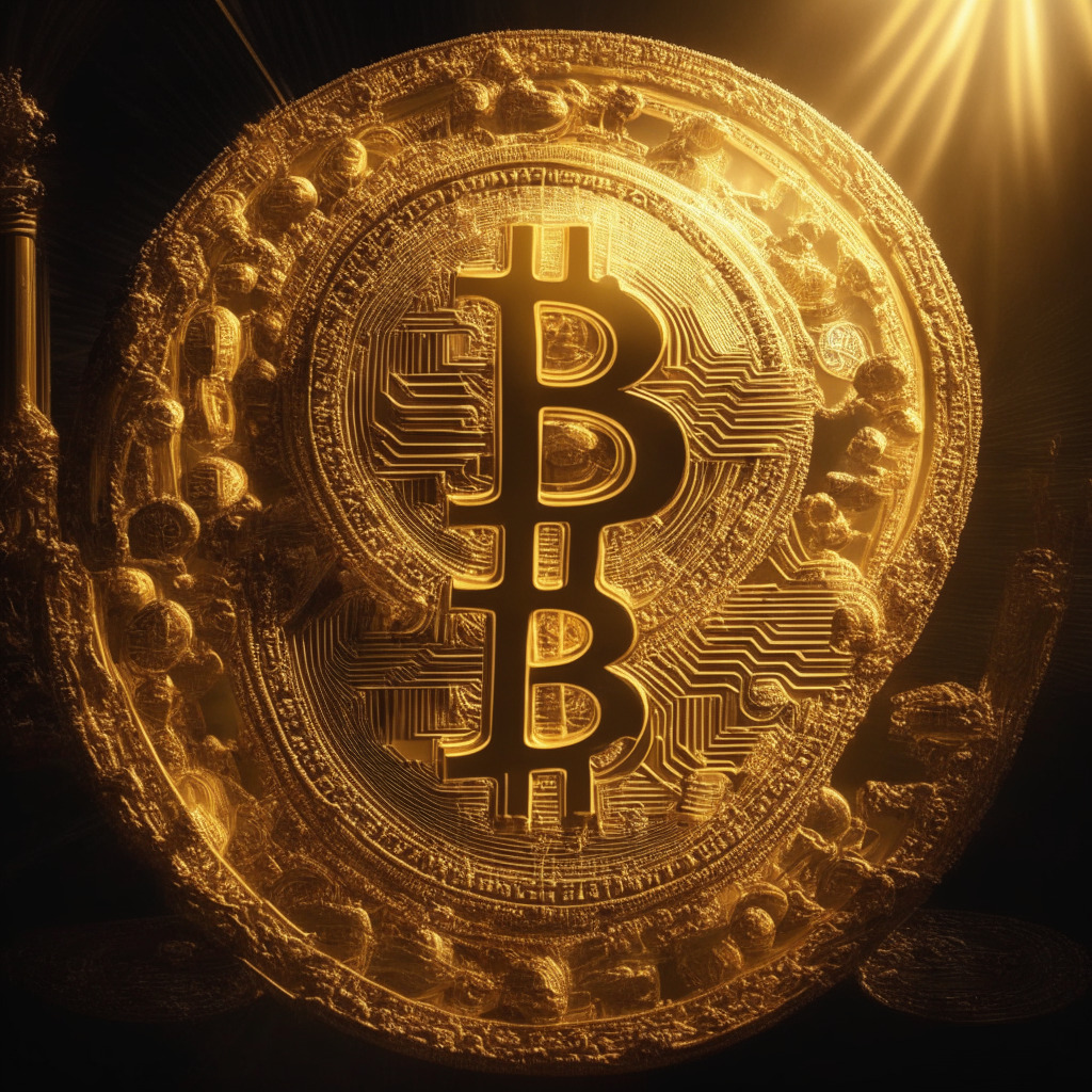 Golden-hued bitcoin symbol soaring above other cryptocurrencies, elegant Baroque style, soft chiaroscuro lighting, triumphant mood, hint of uncertainty surrounds altcoins, market dominance at 50%, regulatory shadows, market cap $1.1 trillion.