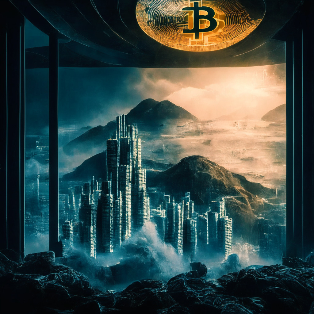 Cryptocurrency tension, Bitcoin at $25,600 resistance, regulatory scrutiny, market debate, Bitcoin-only vision, skeptical critics, Celsius's token conversion, Hong Kong's invitation, chiaroscuro lighting, air of uncertainty, contrast between hope and worry, digital fortress, futuristic landscape.