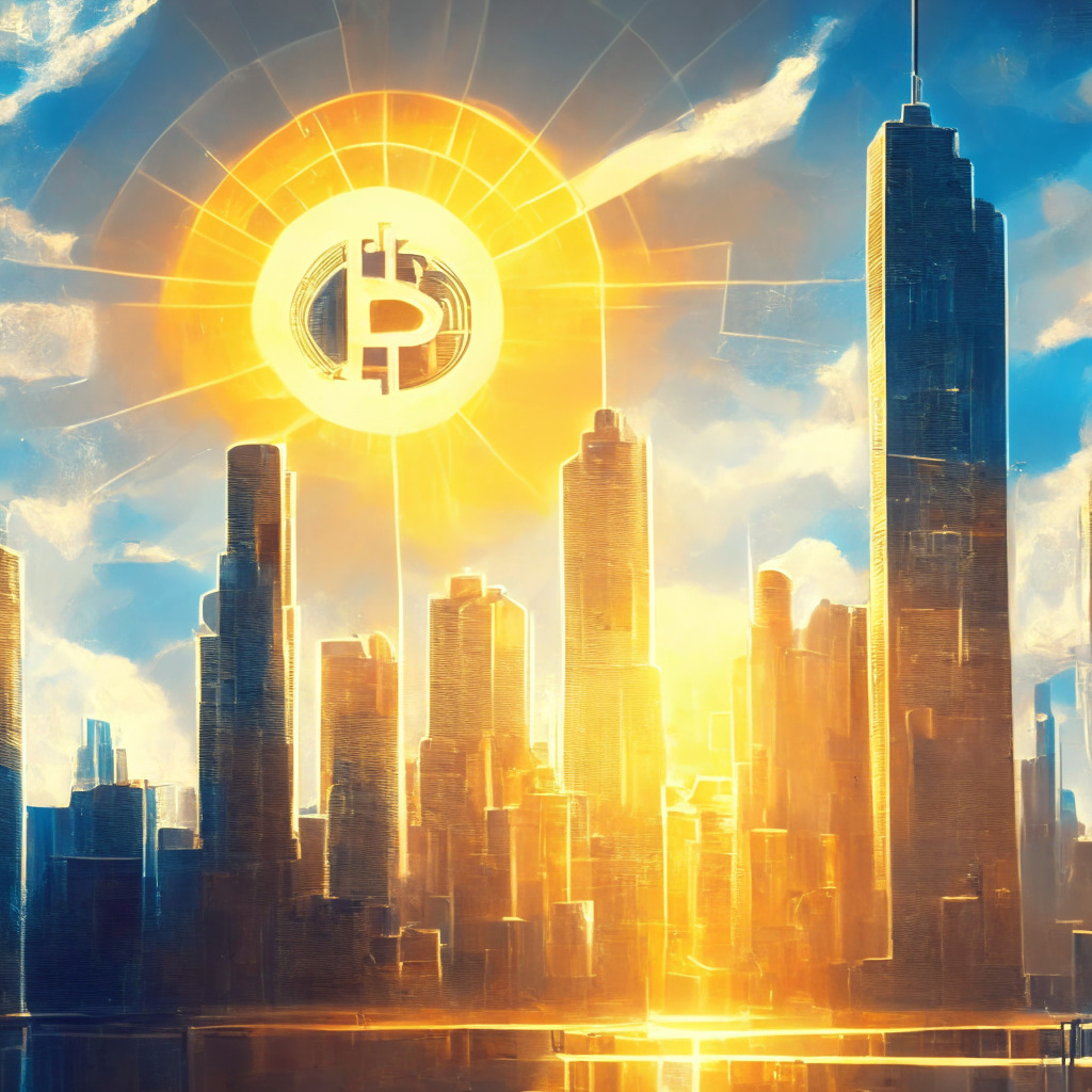 Futuristic city skyline with Bitcoin symbol shining bright, BlackRock & Fidelity buildings in background, golden sun rays breaking clouds, impressionist painting style, warm & optimistic mood, diverse investors observing crypto market, mix of caution & enthusiasm, potential regulatory shadows.