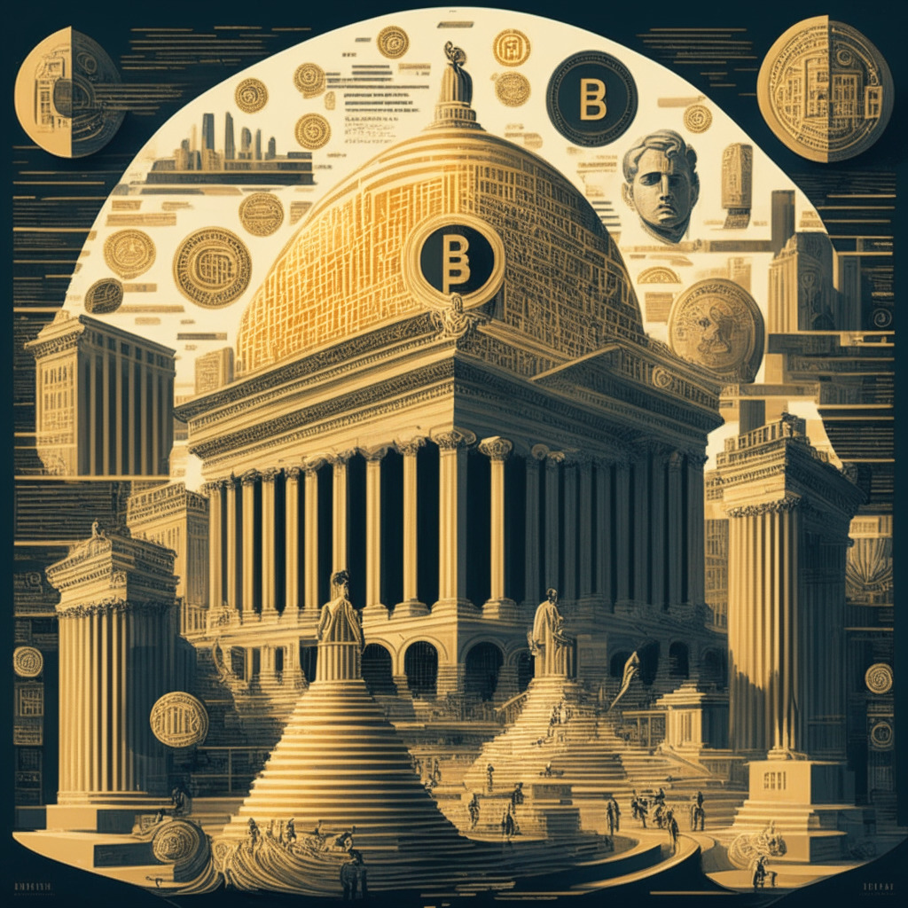 Intricate financial landscape with crypto symbols, a looming SEC building, varied emotions on investors' faces, a blend of classical and modern art styles, a subtle golden hue filling the scene, an air of anticipation and uncertainty, conveying the complexities of Bitcoin spot ETFs and institutional involvement in a 350 character Twitter post.