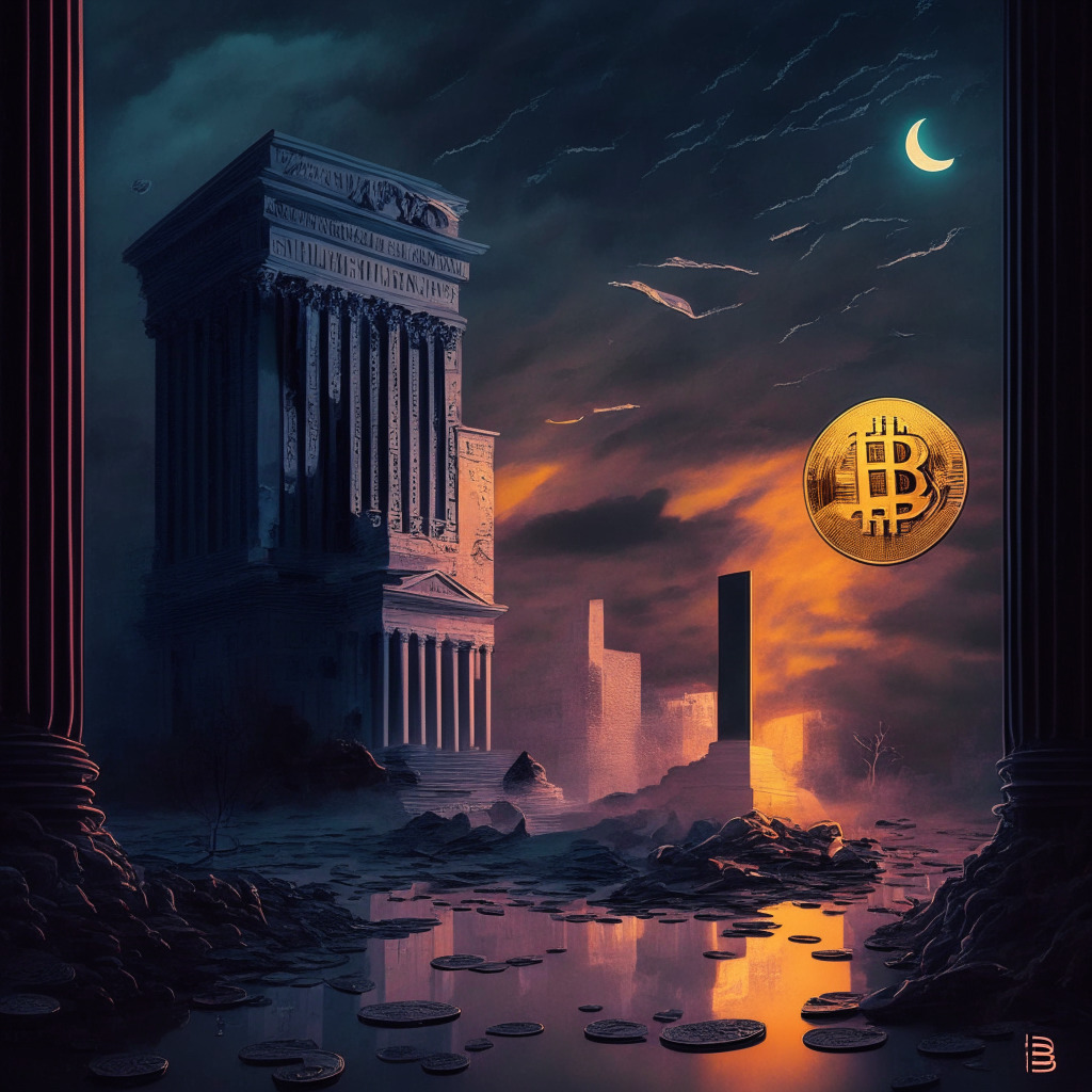 Surreal financial landscape, twilight hues, prominent contrast between stagnant Bitcoin & surging BRC-20 tokens, U.S. Treasury in background, wary investors, Ether, GRT, SHIB & Litecoin coins scattered, subtle nod to Nike NFTs & gaming, air of anticipation & caution, chiaroscuro lighting.