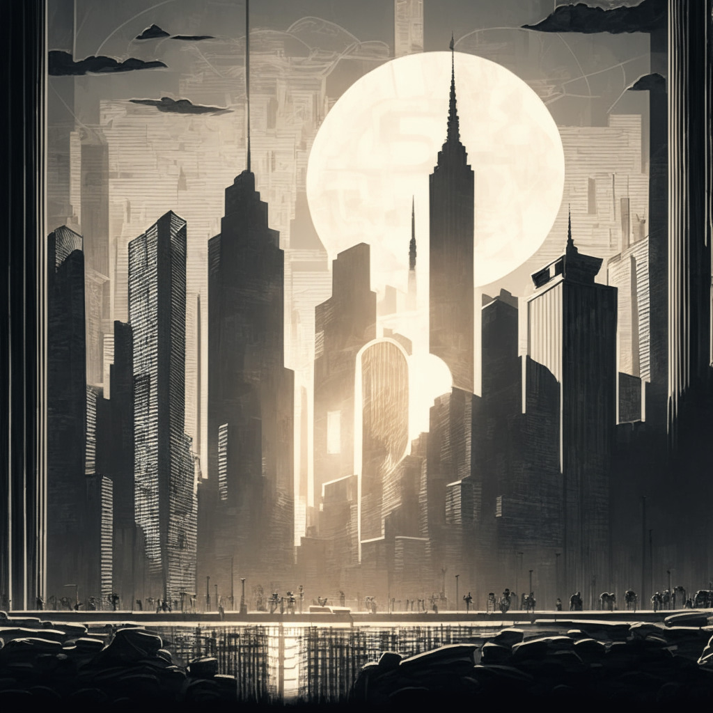 Intricate cityscape with Bitcoin symbols, Fed building, and stock market charts, grayscale color palette, gloomy atmosphere, sunset lighting casting long shadows, intertwining modern and expressionist art styles, visualizing market tensions, depicting a blend of hope and uncertainty.