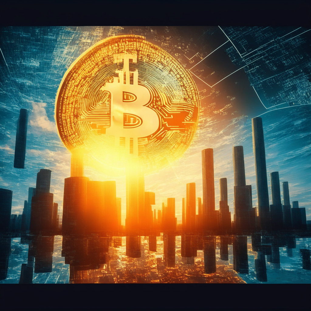 Bitcoin rally, traditional finance institutions exploring digital assets, U.S. Bitcoin ETF application, digital asset custody license, crypto exchange partnerships, price volatility concerns, polarized opinions, Bitcoin outperforms, possible $30,400 target, ongoing debate, industry maturation, future of crypto in global finance. Artistic style: Futuristic, Light setting: Sunrise, Mood: Optimistic.