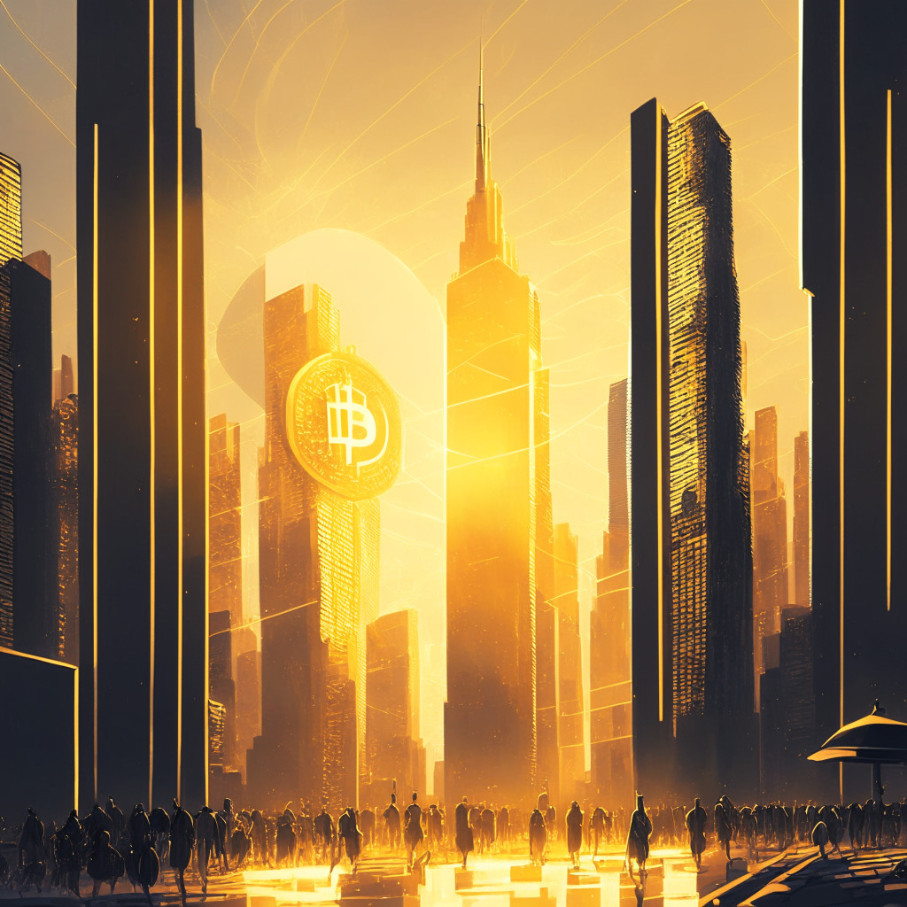 A golden-hued, futuristic cityscape at dusk, sleek skyscrapers reflecting Bitcoin's logo, people conducting transactions, rays of light symbolizing BlackRock's ETF announcement, a touch of Monet-style impressionism, centralized institutions blending in, shifting to decentralized platforms, a cautiously optimistic mood.