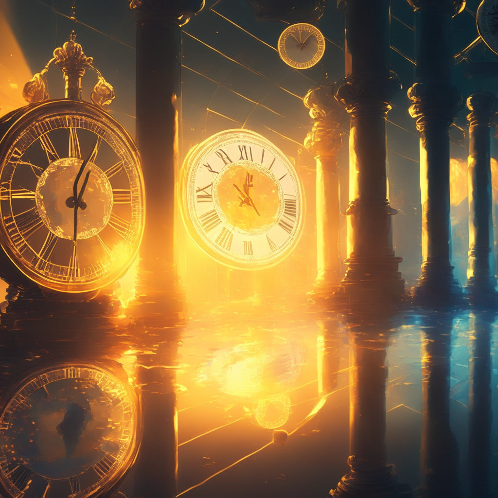 Serene trading floor scene, financial clock comparing time and value, Bitcoin and S&P 500 portrayed as celestial bodies with light connecting them, contrasting warm and cool colors, juxtaposing Bitcoin against gold subtly, mood of anticipation, impressionist style, dusk light setting.