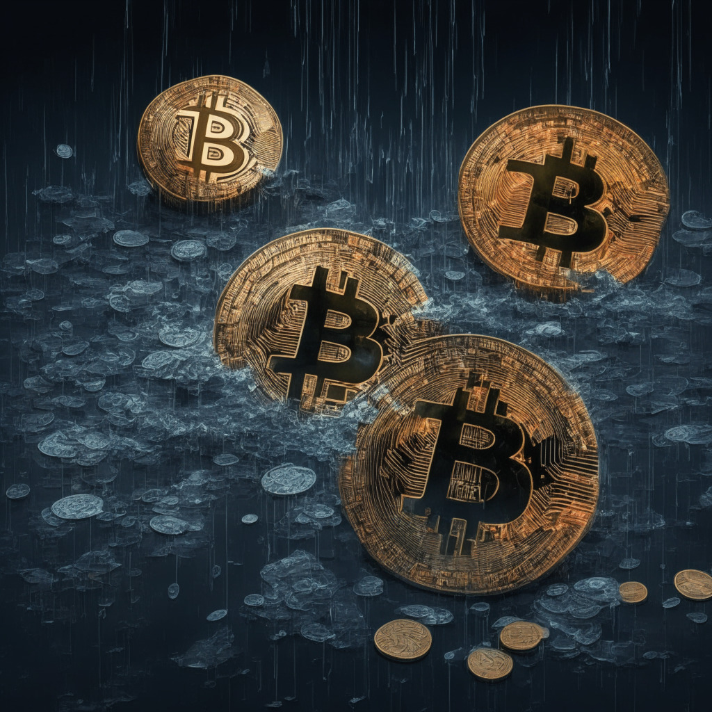 Gloomy cryptocurrency market, Bitcoin's volatility, reserve currency concerns, mix of light and shadow, abstract intertwined dollar and crypto symbols, influential figures such as Larry Fink & Changpeng Zhao, hint of Florida elements, stablecoins debate, balance between regulation and innovation, hope in emerging presale tokens, 350 characters.