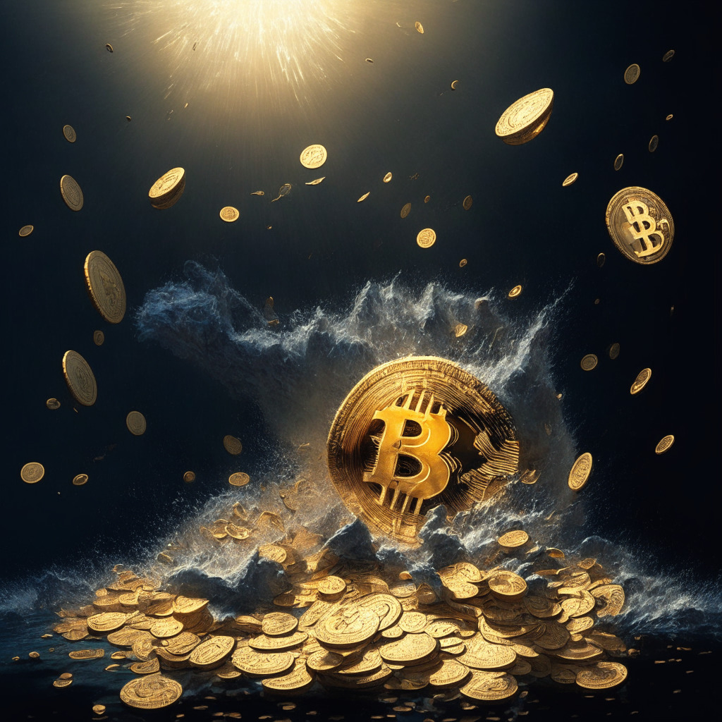 Cryptocurrency whirlwind, plunging Bitcoin whales, golden coins scattered, altcoin chaos, intense contrast of light & shadow, Baroque-esque drama, hopeful rebound amidst turmoil, market dominance shift, bearish undertones, miners transferring coins, subtle determination of long-term holders, support & resistance battleground.