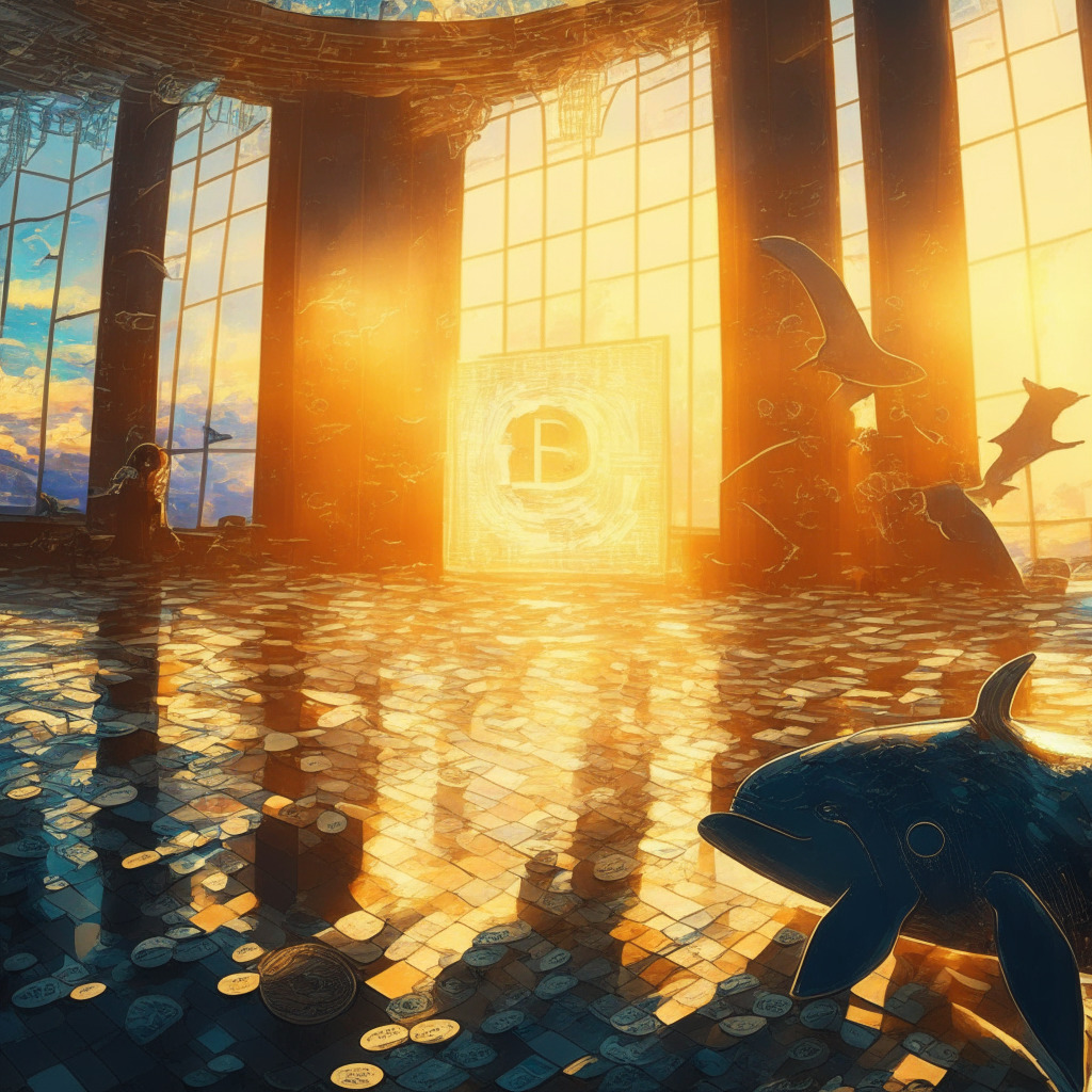 Sunlit trading floor, Bitcoin whales confidently acquiring crypto, serene atmosphere, detailed digital asset charts, juxtaposed with shadowy legal issues background, golden hour lighting, complex abstract mosaic-style art, hopeful yet cautious mood.