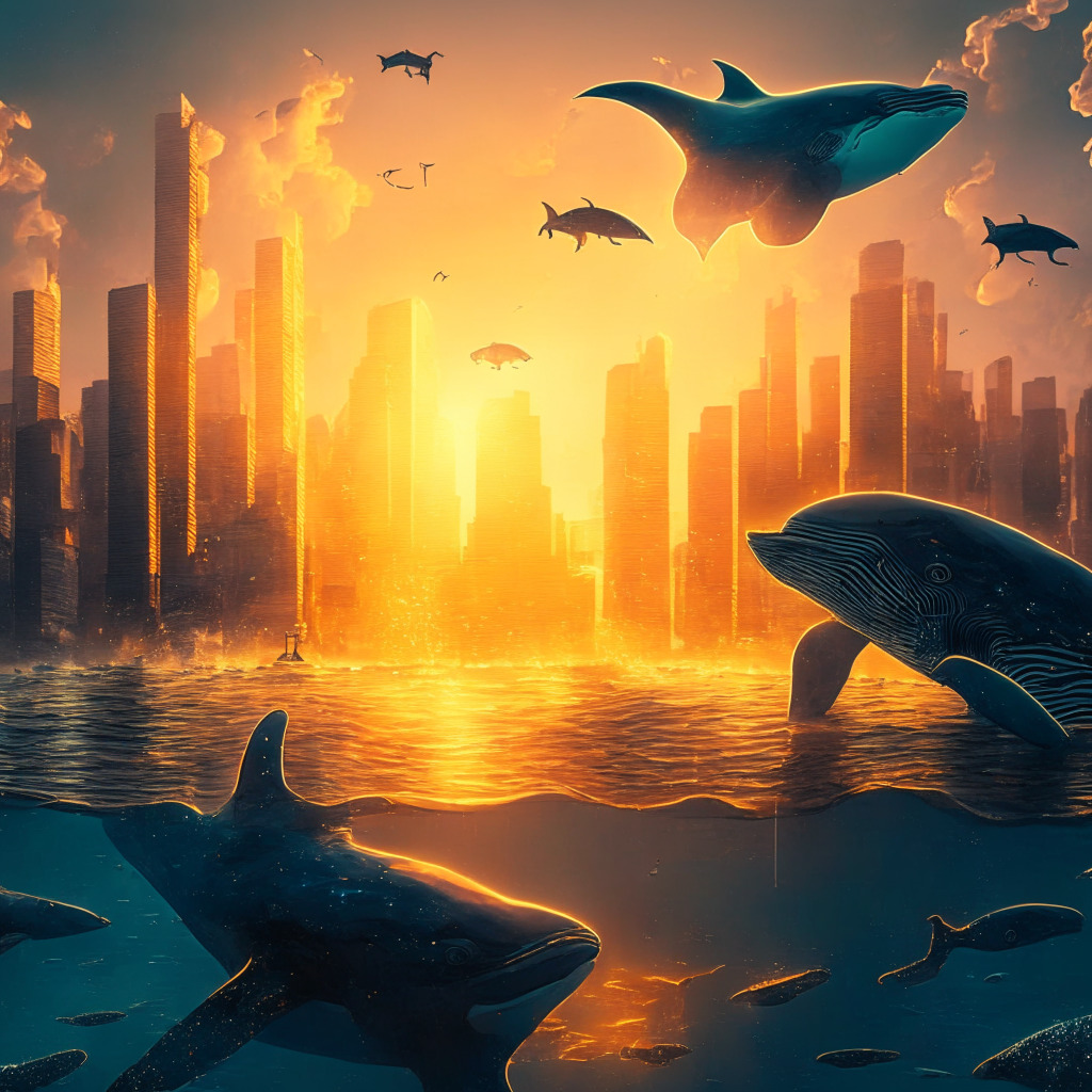 Bitcoin surge in a surreal, cyberpunk cityscape, warm golden light from setting sun, large transparent digital currency symbols, whales swimming through clouds of data, traders with augmented reality interfaces, intense expressions, optimistic mood, dramatic contrasts, intricate reflections.