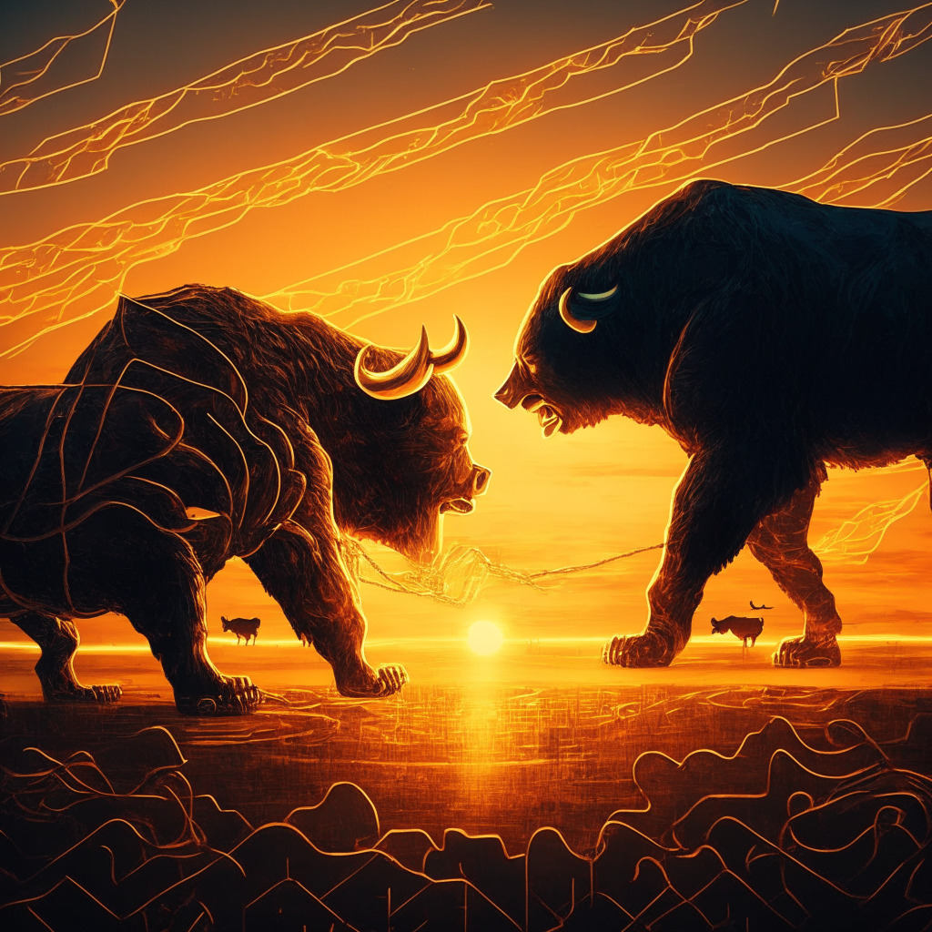 Intricate blockchain art, bear and bull in a tug of war, golden glow of a sunset, dark looming shadows, subtle relief in the background, Bitcoin & altcoins' recovery rally, melancholic yet hopeful atmosphere, intertwined with the complexity of the market trend, hint of optimism from potential ETF, cautious sentiment throughout the scene.