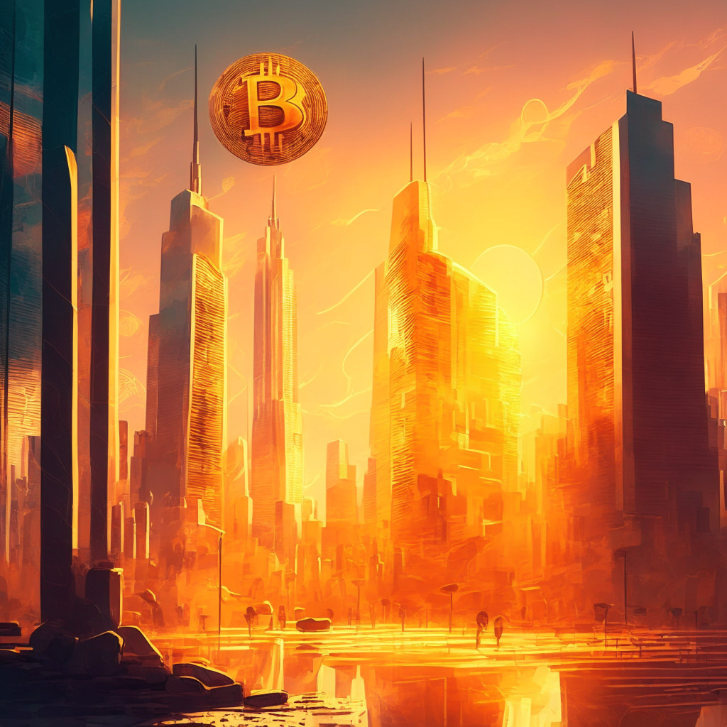 Futuristic financial district with soaring Bitcoin and Ether symbols, plunging stocks in the background, warm sunset colors, Impressionist art style, high contrast shadows, hopeful yet cautious mood.