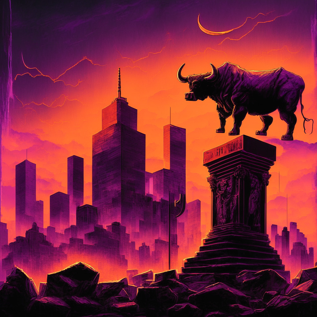 Intricate cityscape at dusk, glowing orange and purple hues, Bitcoin symbol carved in stone, victorious bull holding $25,000 support level banner, bear lurking in the shadows, oscillating RSI & MACD charts in the sky, air of uncertainty and determination, modern impressionist style.