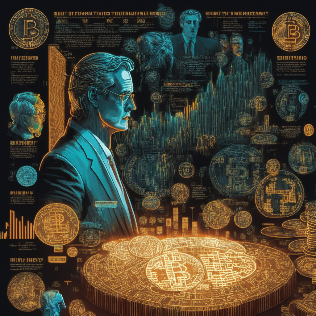 Intricate currency exchange scene, artistic portrayal of Bitcoin, Federal Reserve's interest rates, vibrant lighting, tense mood, economic indicators, Unemployment Claims, Jerome Powell's testimony, high inflation, tight job market, dominant US dollar, three white soldiers pattern, key resistance levels, Fibonacci retracement, bearish and bullish scenarios, top 15 cryptocurrencies.