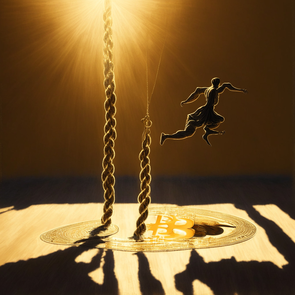 Bitcoin balancing on tightrope, $33,000 tipping point, golden sunlight reflecting on coin, dramatic contrasts in shadows, captivating chiaroscuro effect, tension between potential recovery and speculative selling, sellers exhausted near $25,000, underlying metrics hint at market's future, fervent mood of anticipation, bold artistic flair.