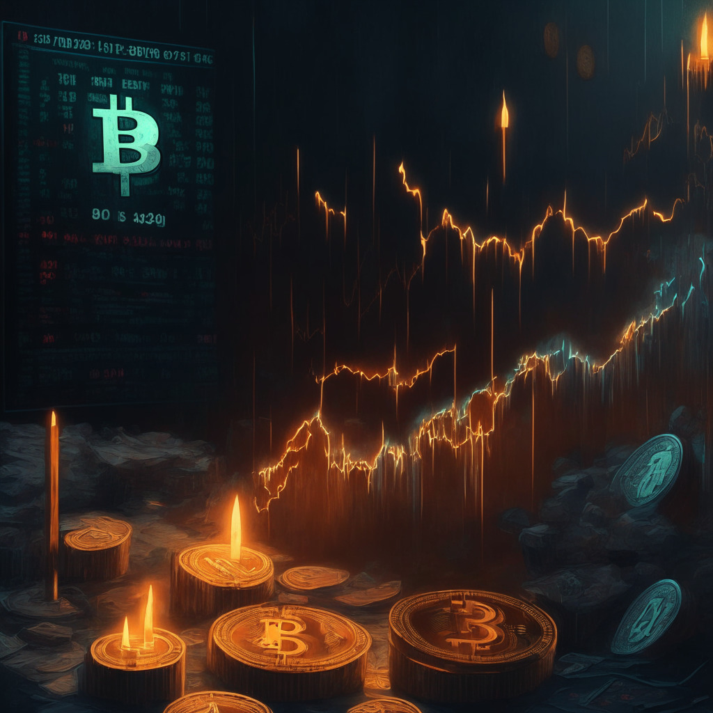 Cryptocurrency scene with Bitcoin at $26,200, doji & hammer candles, support and resistance levels, RSI & MACD divergence, twilight lighting, oil painting texture, mood of uncertainty and speculation, cautious optimism, hints of potential bounce-back, dynamic composition representing market volatility.