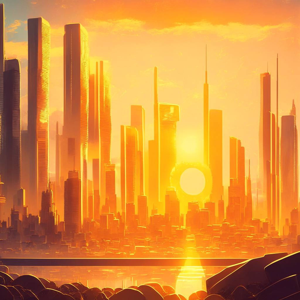 Sunrise over futuristic cityscape, Bitcoin coin breaking through $28,000 barrier, financial landscape with diverse cryptocurrencies, subtle impressionist style, warm golden light, air of cautious optimism, elements of volatility surrounding investments, hints of DeFi and smart contract technology debates.