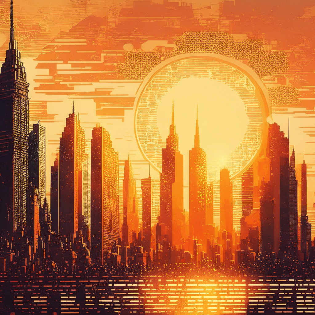 Intricate cityscape with crypto-themed elements, warm sunset hues, silhouettes of major financial institutions, light reflecting on soaring Bitcoin charts, euphoric, celebratory mood, impressionistic style, hints of optimism amidst regulatory uncertainty.