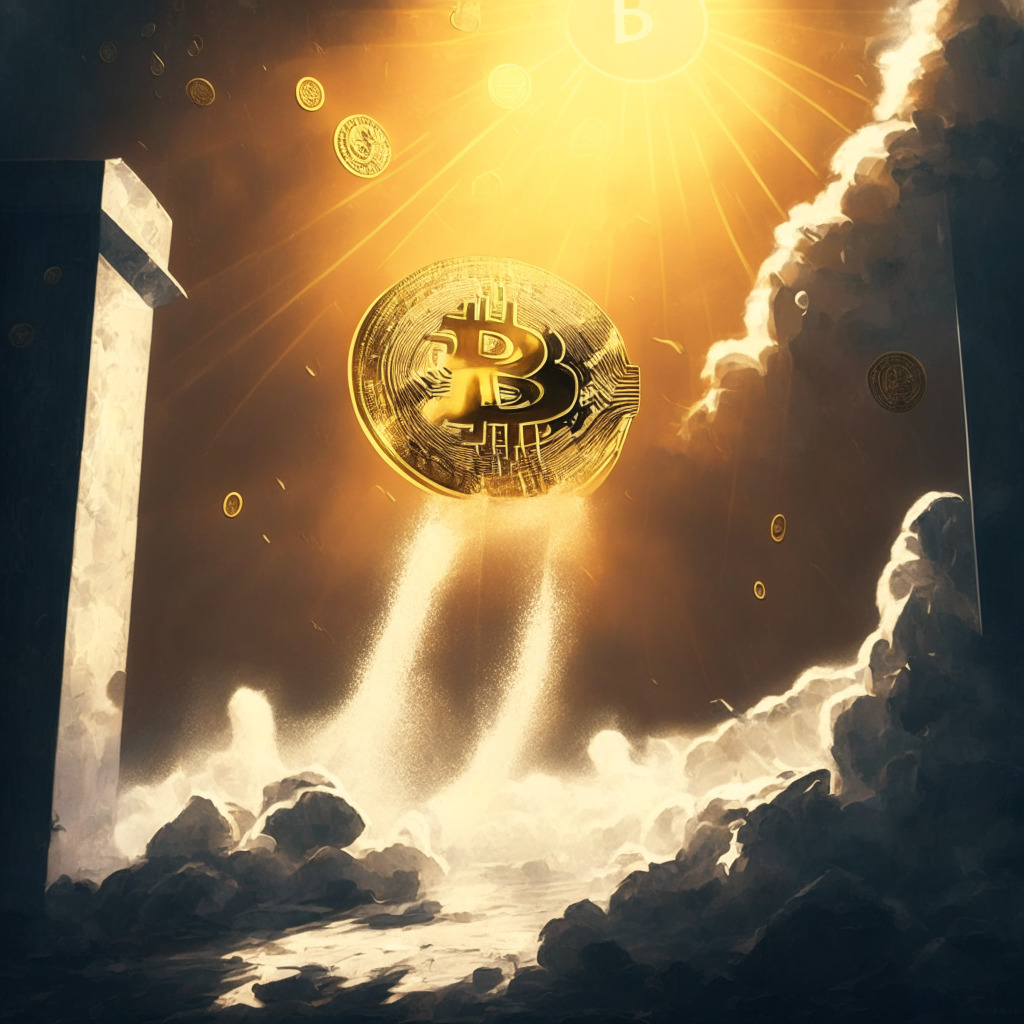 Cryptocurrency milestone, soaring Bitcoin, euphoric atmosphere, contrasting light and shadows, currency against stormy regulatory backdrop, balanced composition, hints of golden optimism, elements of uncertainty, confident figures, both hope and apprehension, dynamic mood, gritty artistic style.