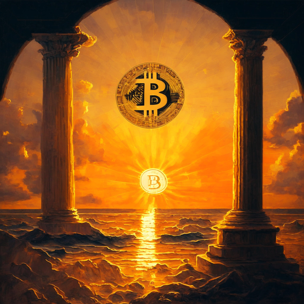 Cryptocurrency milestone, Renaissance painting style, mix of warm and cool tones, sunset light, tension between innovation and regulation, hopeful and uncertain mood, contrast between institutional interest and regulatory skepticism, hint of an upward trend, subtle Bitcoin symbol.