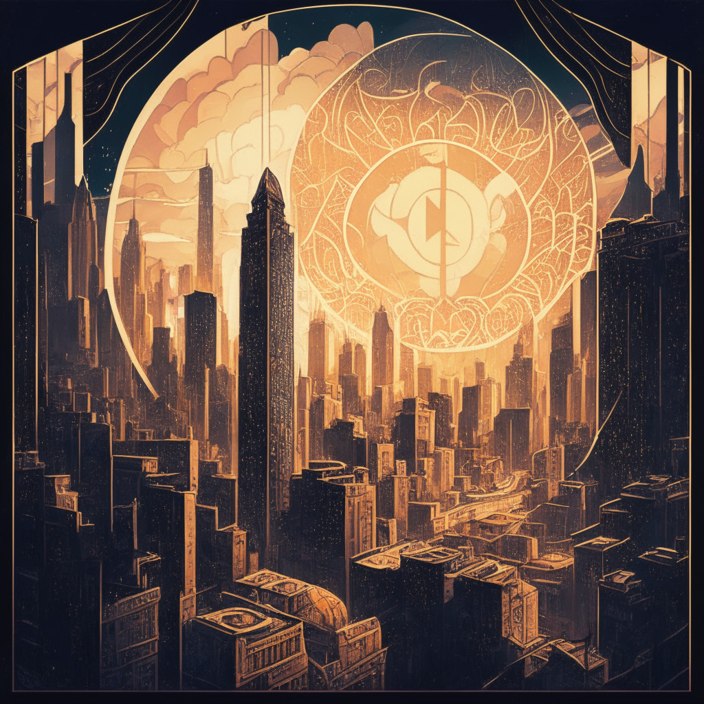 Intricate cityscape with conflicting forecast elements, optimistic side features rising sun and bright city lights, cautious side with overcast skies and dim lights, art nouveau style, contrasting warm and cool tones, lively vs somber mood, spotlight on a hovering $30,000 BTC price, anticipation in the air.