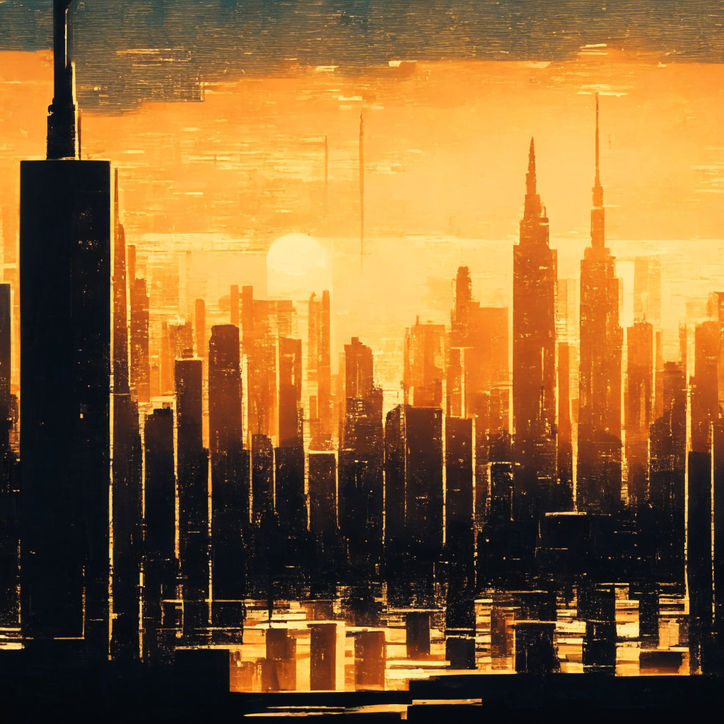 Intricate financial cityscape at dusk, Bitcoin logo above skyline, sophisticated investors exploring the city, calm mood, warm golden light illuminating the scene, shadowy SEC figures in distance, semi-impressionist artistic style.