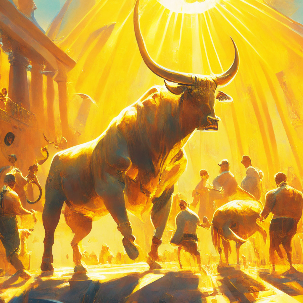 A vibrant crypto trading scene, warm sunlight casting a golden hue, masterful impressionist style, energetic traders displaying bullish confidence, an undercurrent of caution, a dominant Bitcoin figure with bull horns on its head, tension around a $27,400 resistance point barrier, a balance scale weighing uptrend optimism & long position concerns.