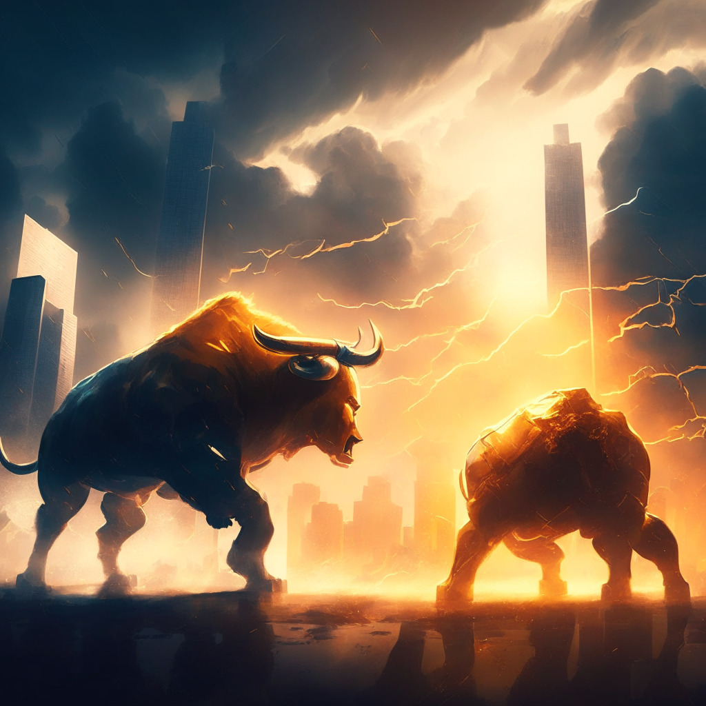 Cryptocurrency battle scene, bull and bear struggle, futuristic cyber cityscape, warm golden sunlight through dark stormy clouds, subtle gradient of hope, blended digital painting style, tense atmosphere, hint of victory, pivotal moment, low-exposure dramatic lighting.