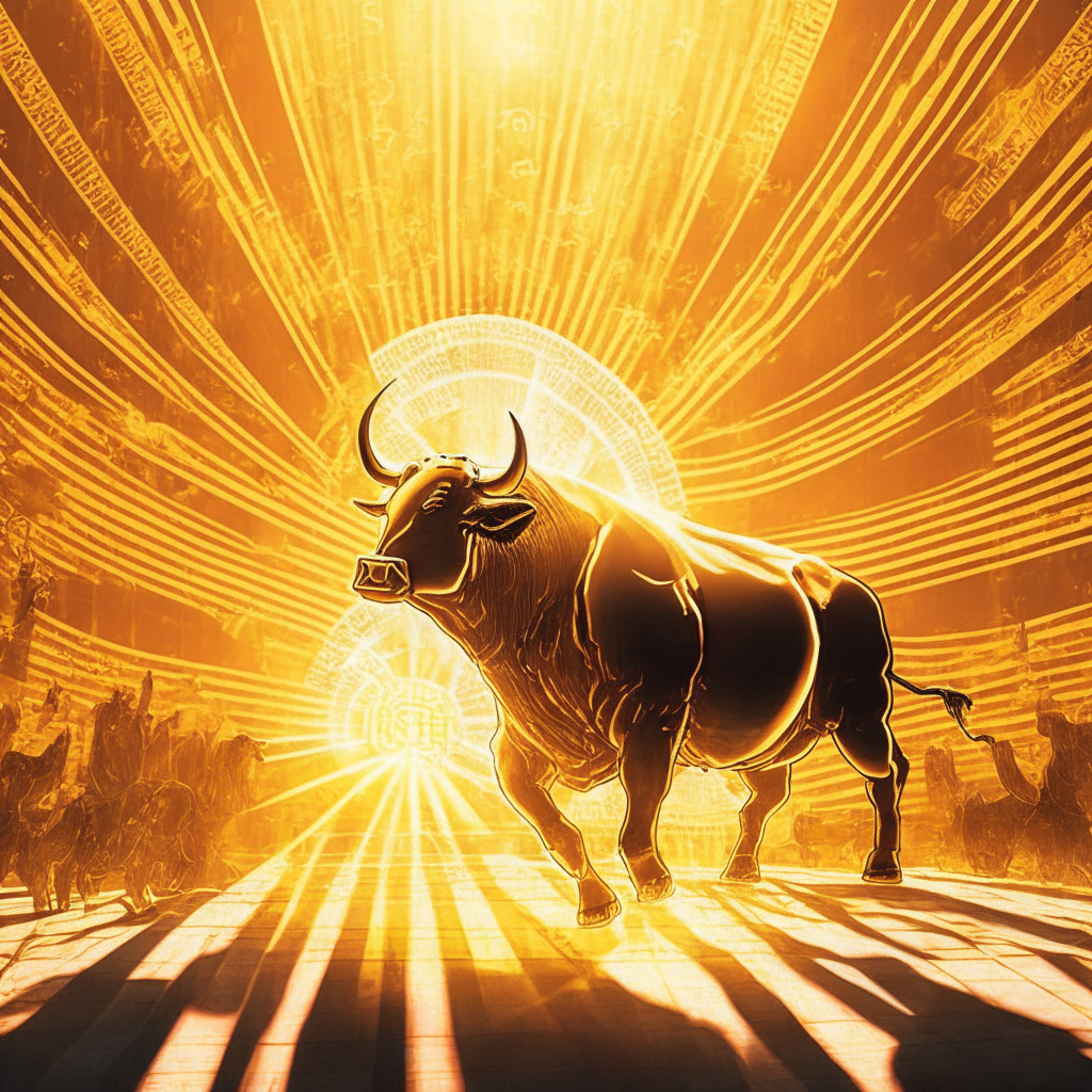 Bitcoin bull run with Japan's tax reform backdrop, golden rays of light highlighting market growth, intense emotions from investors, a double-top pattern of $31,000 resistance, blend of optimism and concern, abstract elements representing volatility, moving average lines woven into the scene, mood of cautious anticipation.