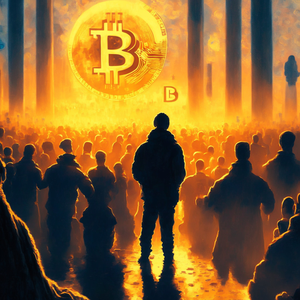Intricate crypto market scene, Bitcoin's rallying momentum, dawn illumination, financial giants' silhouettes, oil painting filter, optimism & skepticism split, glowing Bitcoin ETF in distance, $31,000 price threshold highlighted, dynamic & uncertain ambience.
