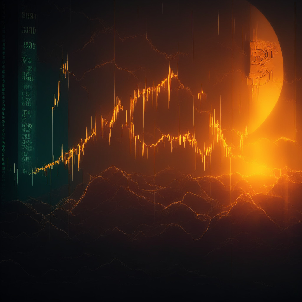 Sunset-lit cryptocurrency market, cautious traders, BTC/USD pair on screens, wait-and-see atmosphere, abstract grayscale texture (reference to GBTC), subtle upward trajectory, 200-week moving average line, a blend of uncertainty and hope in the scene, hue of Crypto Fear & Greed Index, Bitcoin correlated to traditional risk assets, no brand names.