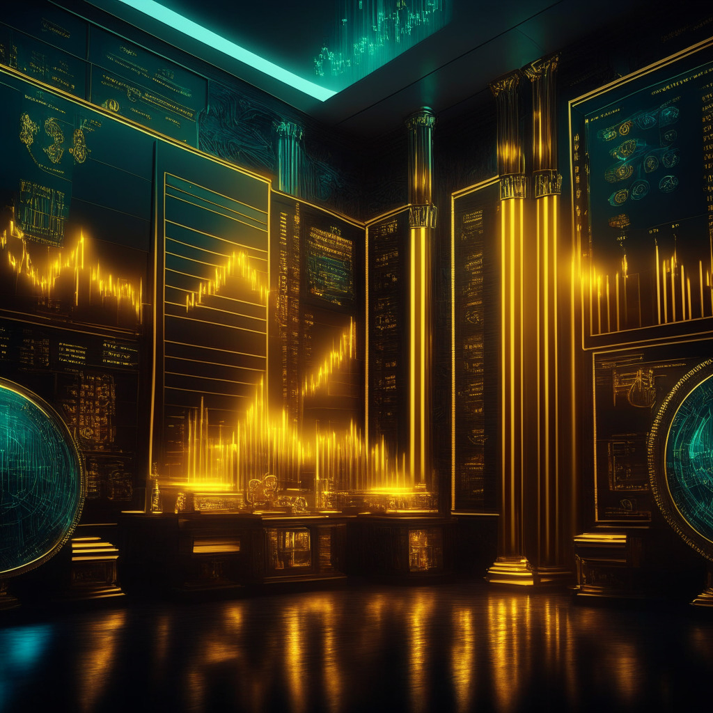 A futuristic trading room with gold bars, Bitcoin, and tech stocks displayed on holographic charts, Baroque art style, contrasting chiaroscuro light setting, mood of uncertainty and cautious optimism, hints of volatility and fluctuating correlations, focus on transient yet intriguing market relationships.