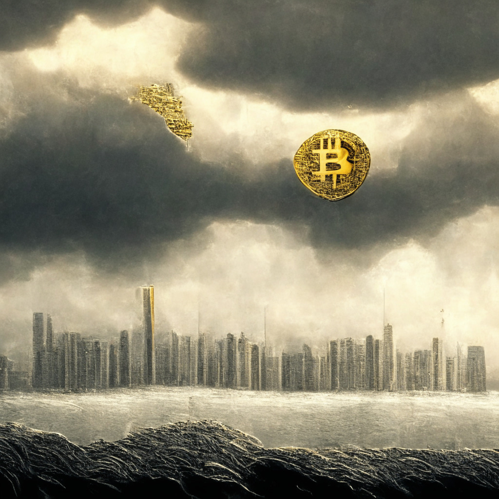 Ethereal financial landscape, golden Bitcoin balancing on thin ledge, $26,600 mark engraved below, looming storm clouds with hints of sunrays, EU and UAE regulations surrounding, hint of Hong Kong skyline, intertwined traders and investors observing, mood of uncertainty and anticipation.