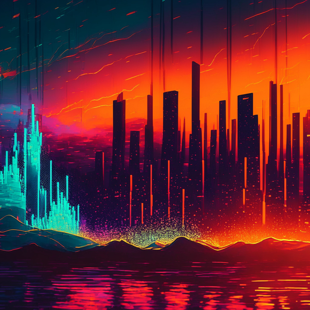Crypto market fluctuations, sunset cityscape, contrasting fortunes, AI-fueled tech boom, Nasdaq 100 gains, vibrant hues, Bitcoin dip below $27,000, dynamic correlation, reflective mood, juxtaposed trajectories, analytical approach, futuristic artistic style, low light setting.