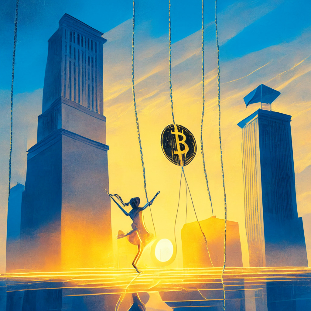 Sunset skyline with US Federal Reserve in focus, Bitcoin symbol balancing on a tightrope, painterly strokes of gold and cool blue hues, soft glowing lights inside the building, an air of anticipation, contrasting expressions of hope and concern on surrounding people's faces, dollar and crypto coins delicately swaying in the wind.