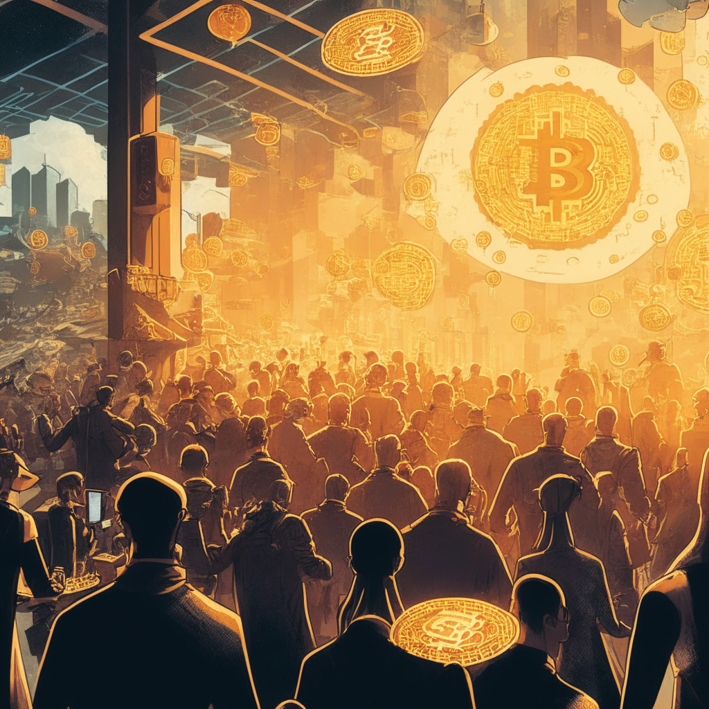 Bitcoin network debate scene, contrasting futuristic city with traditional marketplace, warm golden light, bright yet moody atmosphere, divided crowds of developers & users, text bubbles showing arguments on innovation vs system abuse, non-fungible tokens & blockchain apps floating above, skyrocketing transaction fees visualized, uncertainty looming.
